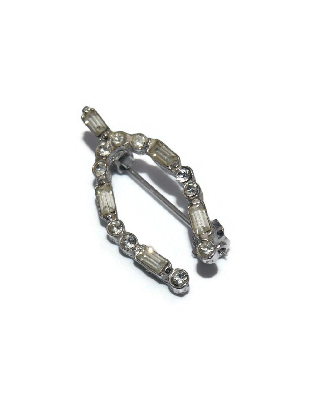 Vintage Silver Tone and Clear Rhinestones Wishbone Good Luck Brooch.